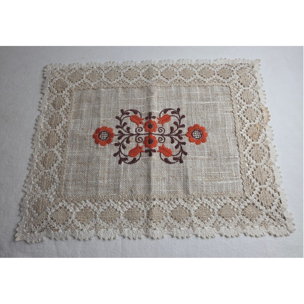Vintage Ubelhor Embroidered Linen Placemat Floral Crochet Lace Border Beige Fall
